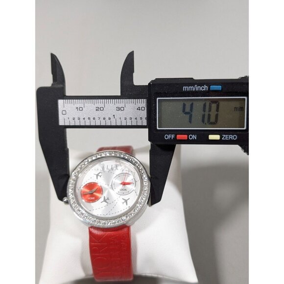 Elle Womens Dual Time Watch Airplane Travel Crystal Accent Red Leather Band - Picture 9 of 15